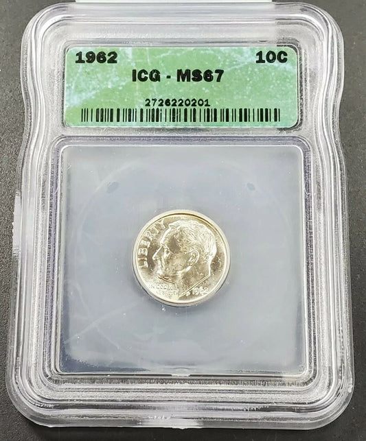 1962 P Roosevelt Silver Dime Coin Vintage ICG MS67 Gem BU Not much Toning