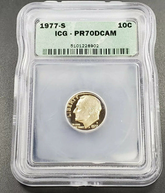 1977 S Roosevelt Clad Dime Proof Coin Vintage ICG PR70 DCAM Deep Cameo Gem