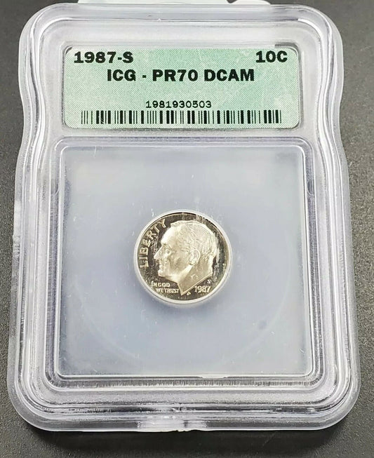 1987 S Roosevelt Clad Dime Proof Coin Vintage ICG PR70 DCAM Deep Cameo Gem