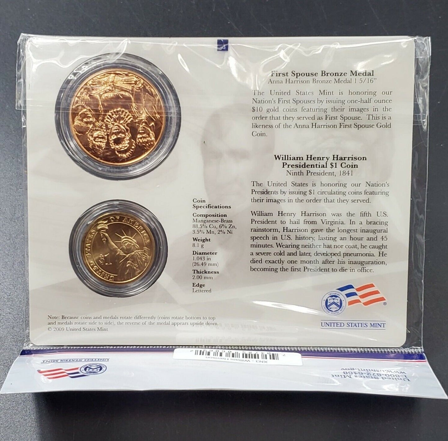 WILLIAM H HARRISON & ANNA First Spouse $1 Presidential Coin & Medal Set BU OGP