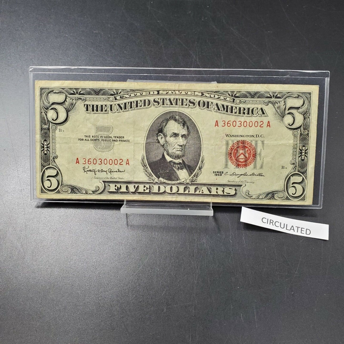 1963 $5 Red Seal Legal Tender Note Bill VF Very Fine US Currency Repeat serial #