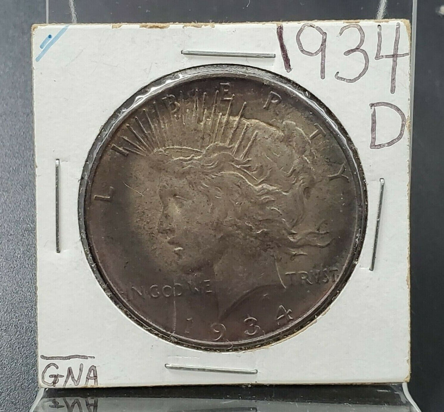 1934 D Peace 90% Silver Eagle Dollar Coin CH VF / XF Halo Toned Obverse