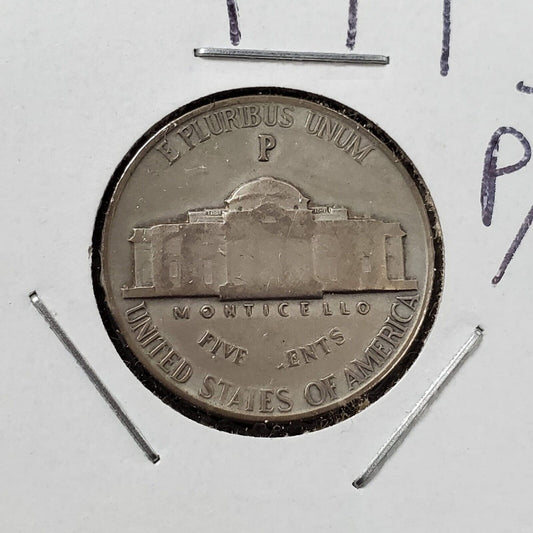 1943 P P/P Jefferson Silver War Nickel Variety Coin RPM Circulated Condition VF+