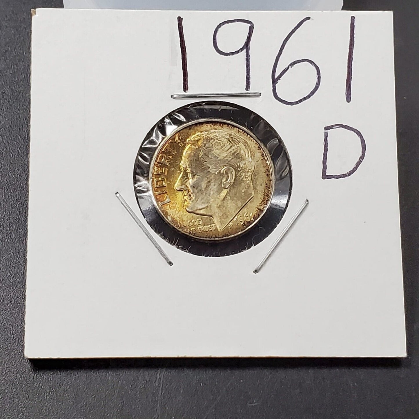 1961 D Roosevelt Silver Dime Neat Toning Toner OBV Amber