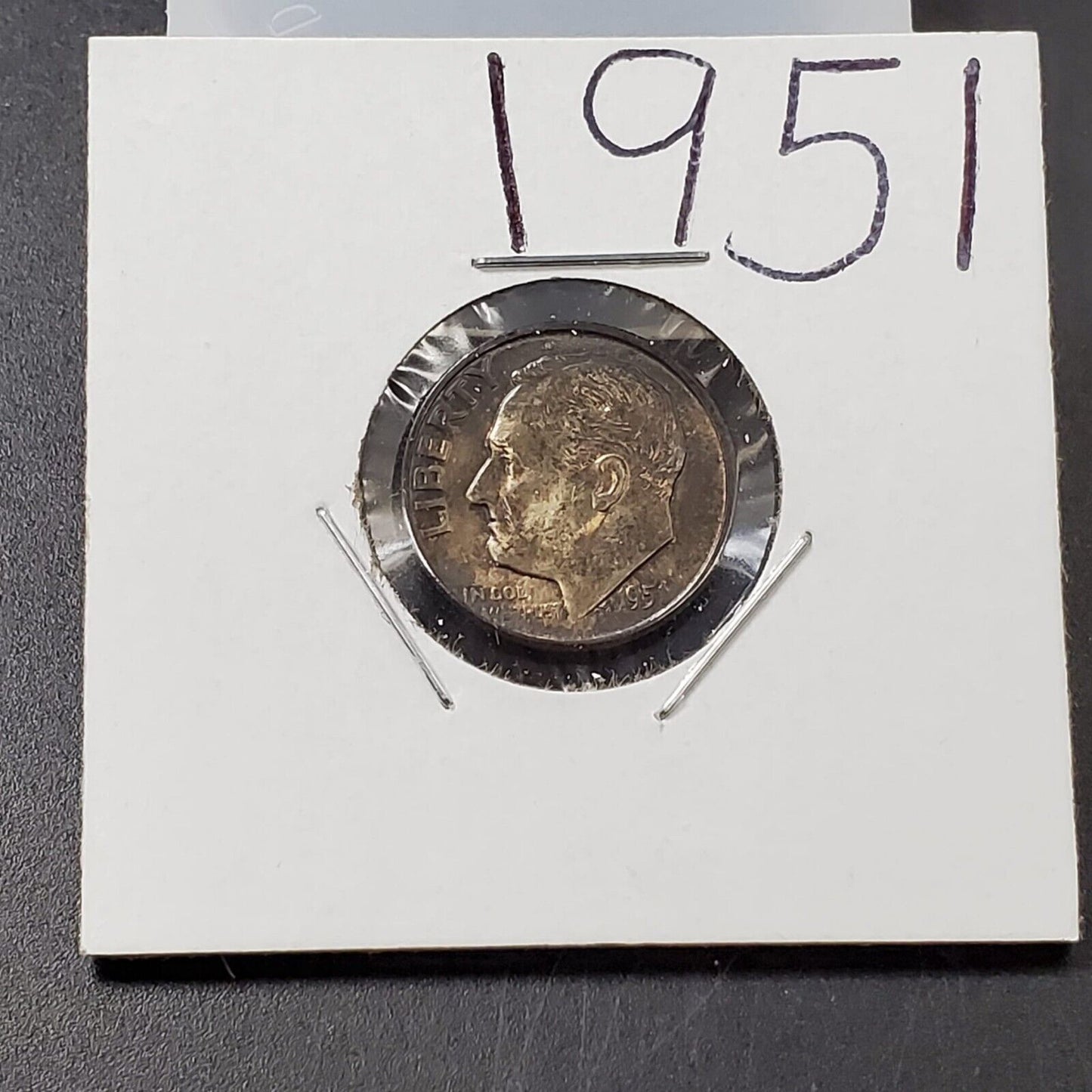 1951 P Roosevelt Silver Dime Neat Toning Toner Blue