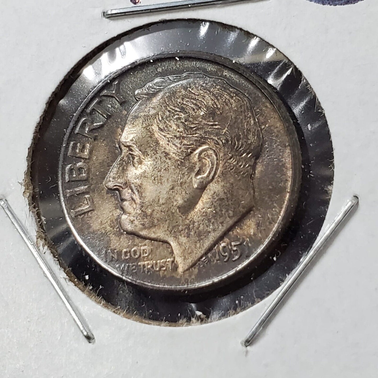 1951 P Roosevelt Silver Dime Neat Toning Toner Blue