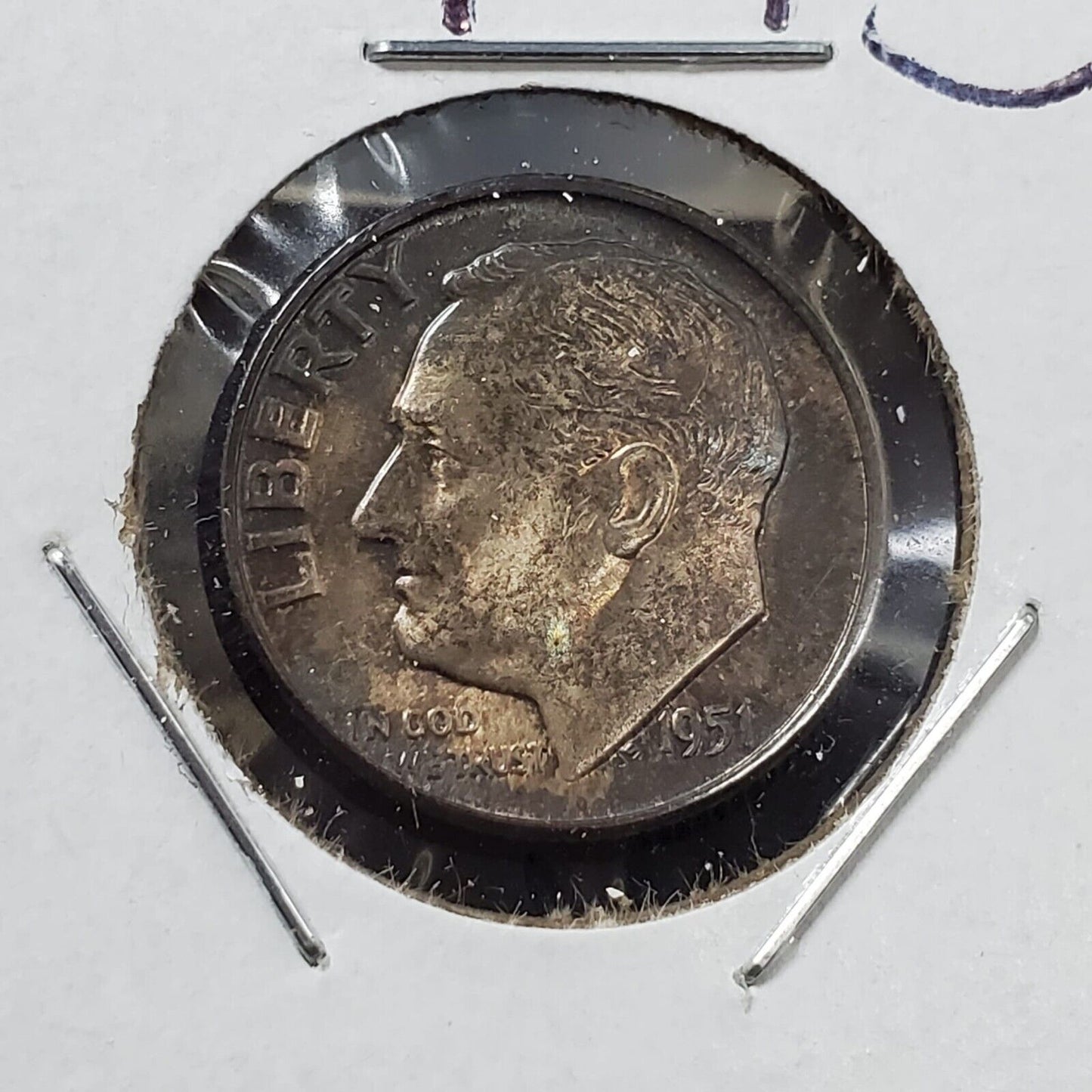 1951 P Roosevelt Silver Dime Neat Toning Toner Blue