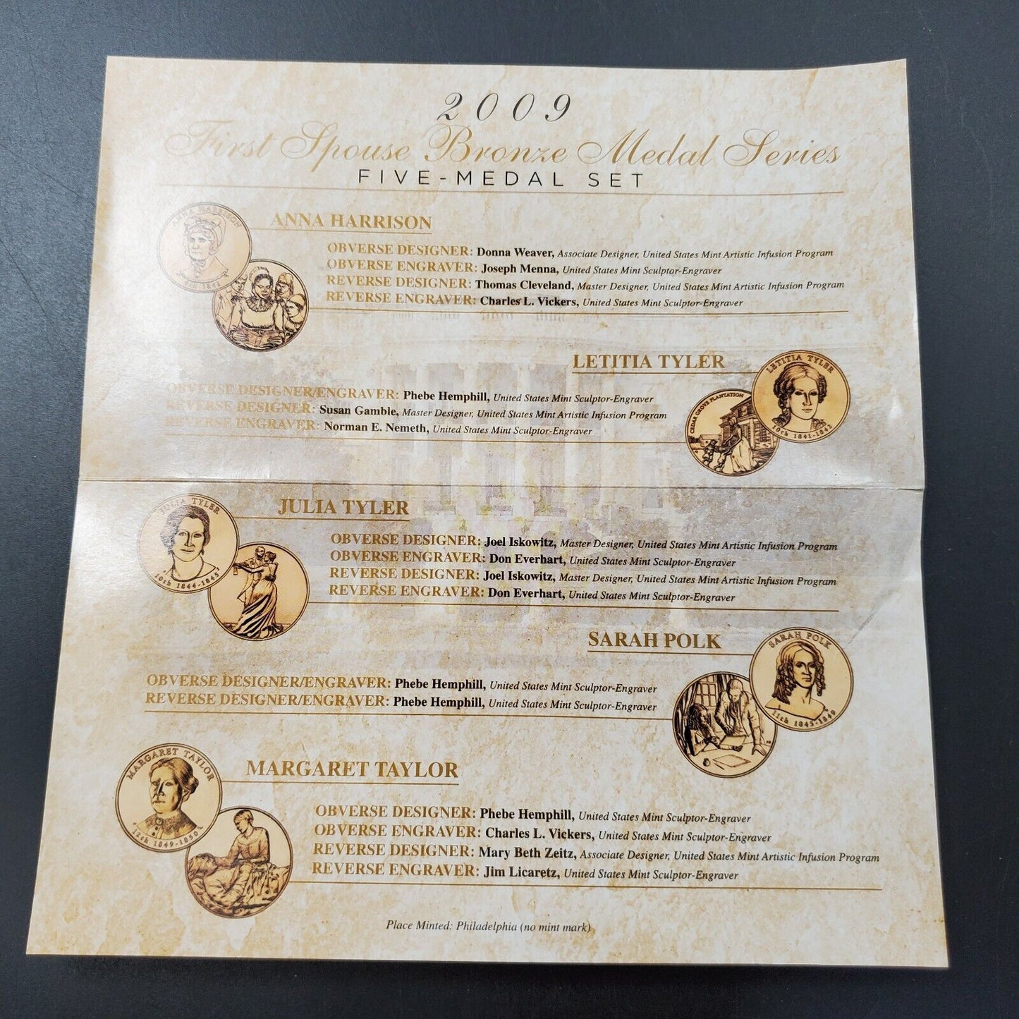 2009 First Spouse Bronze Medal Series Five 5 Medal Set In OGP