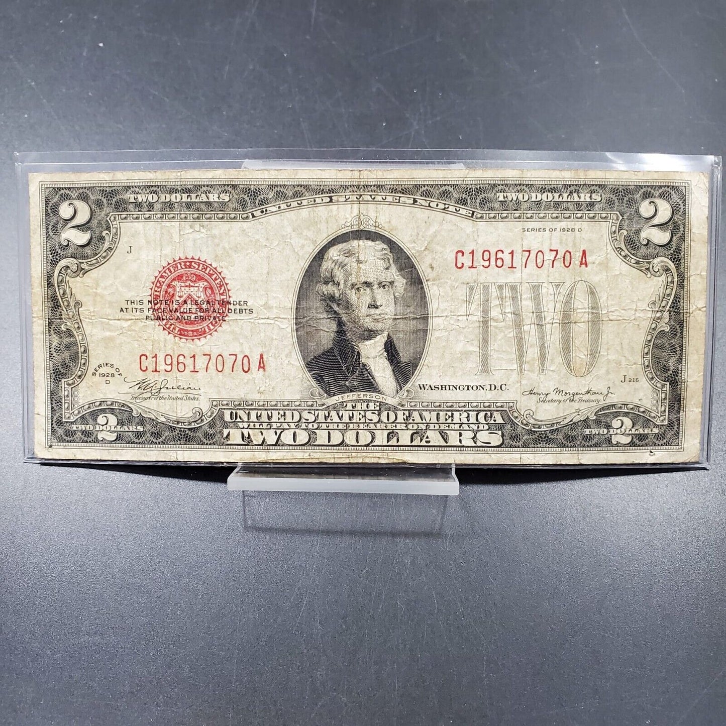 MULE NOTE 1928 D $2 United States Red Seal VG Circulated Condition J Block