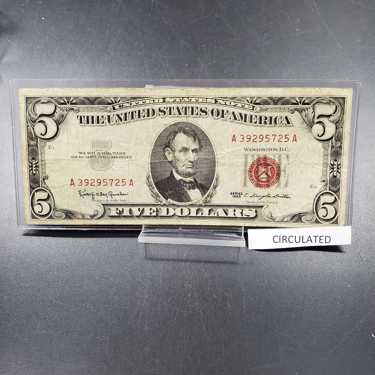 1963 $5 Five Dollar United States Red Seal Note CH VG / FINE Neat serial number