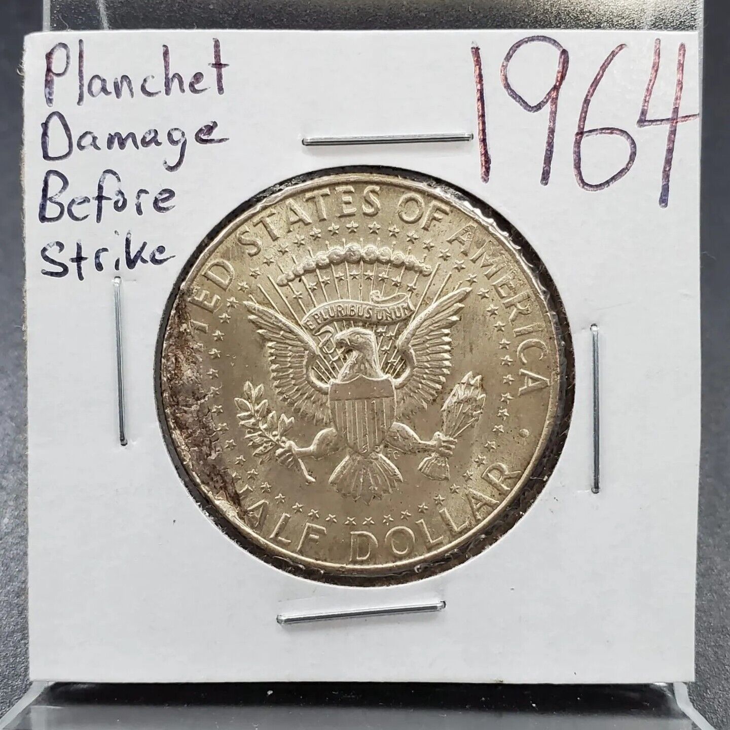 1964 P Kennedy Half Dollar Coin Planchet Damage Before Strike Major Error CH AU