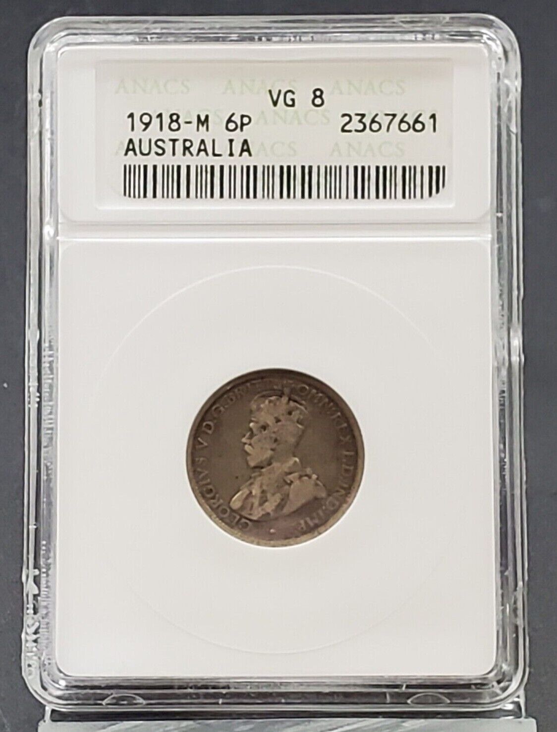 1918 M Australia Silver 6 Pence Coin key date ANACS CERTIFIED VG8