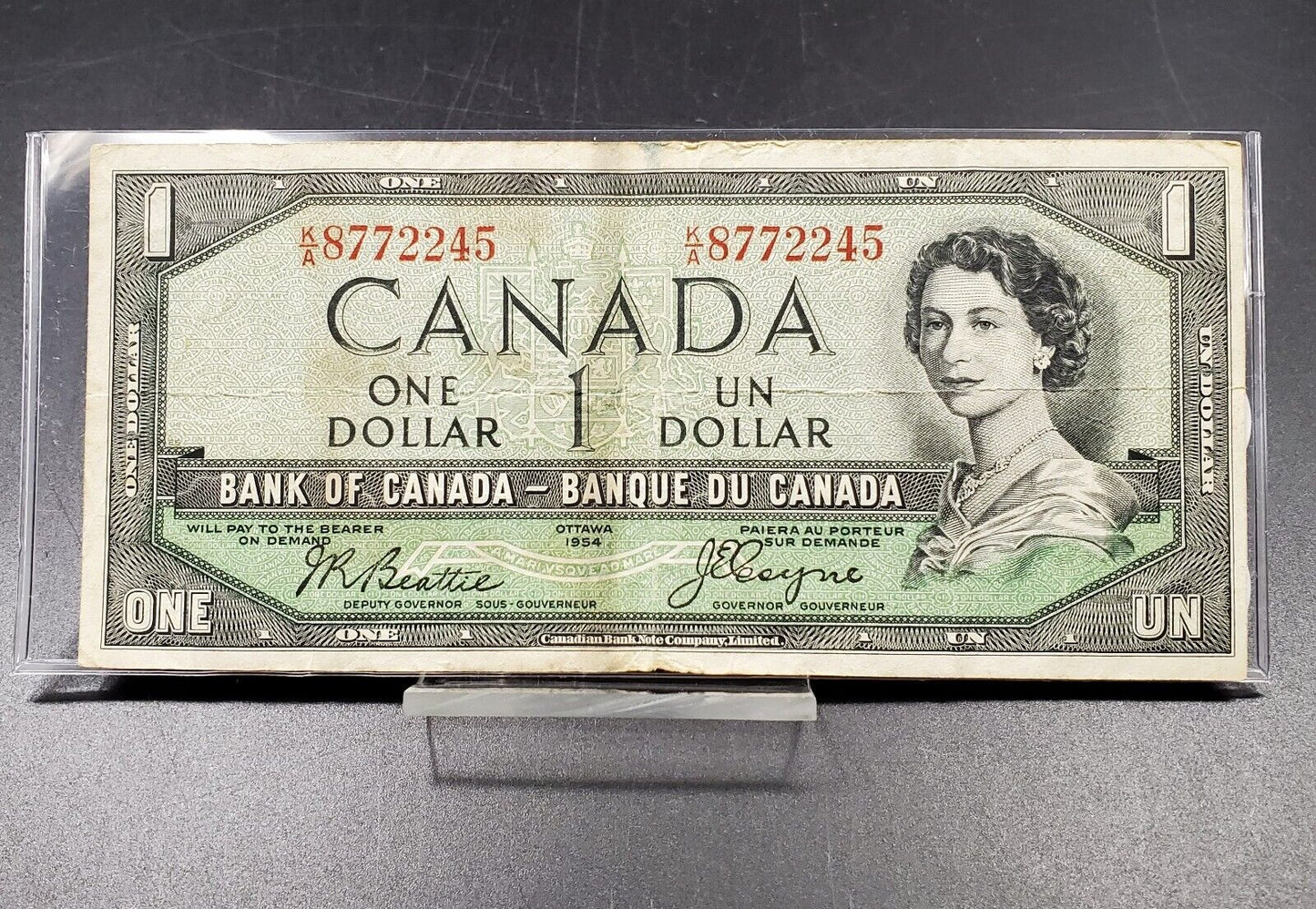 1954 Bank of Canada $1 - Devil's Face Note S/N: K/A8772245 Repeat Serial #