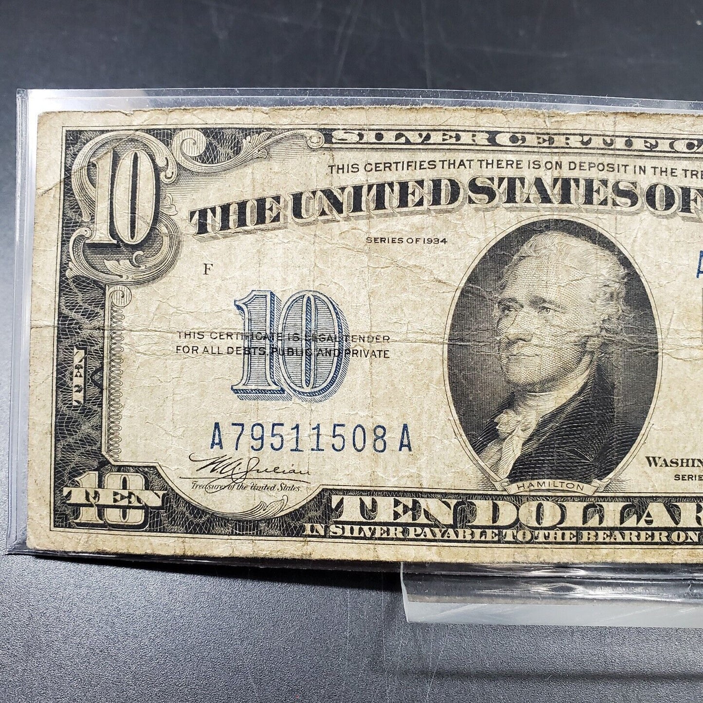 1934 $10 Blue Seal Silver Certificate Mule Note Different Size Block #s CH Fine