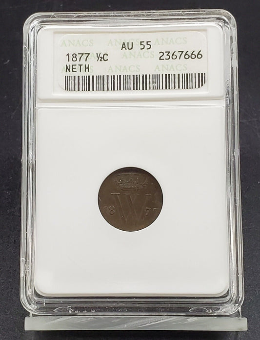 1877 Netherlands 1/2c Half Cent Coin Choice AU About UNC ANACS AU55
