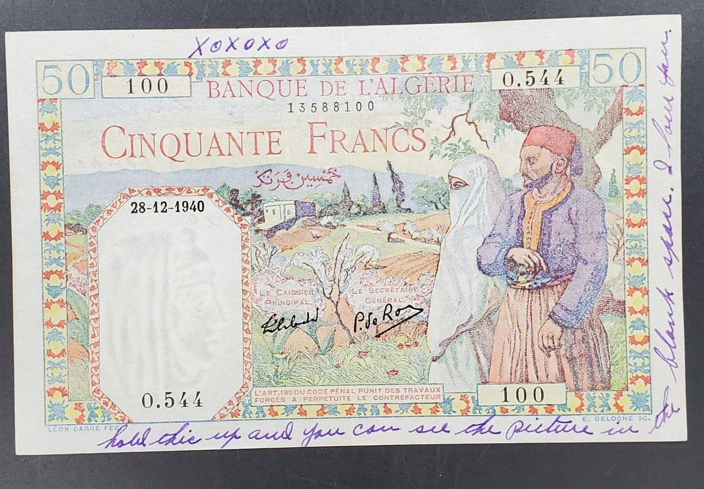 French Algeria Banque L'Algerie 50 Francs 24-12- 1940 AU About UNC