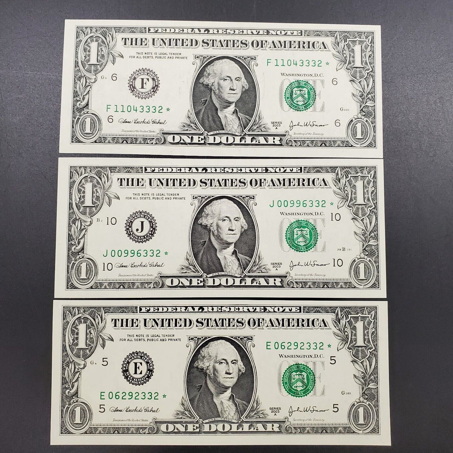 SERIES 2003 A $1 FRN FEDERAL RESERVE NOTE UNC STAR * ALL END IN 332 Serial #s
