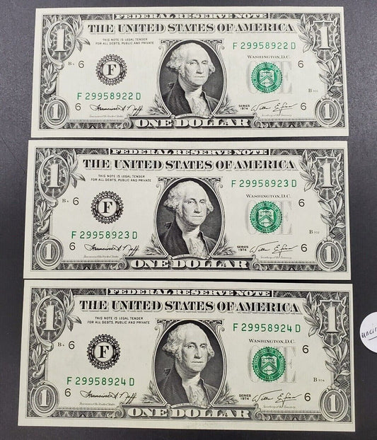 3 Consecutive 1974 $1 FRN ATLANTA UNC Note Green Seal Bill Repeat Serial #