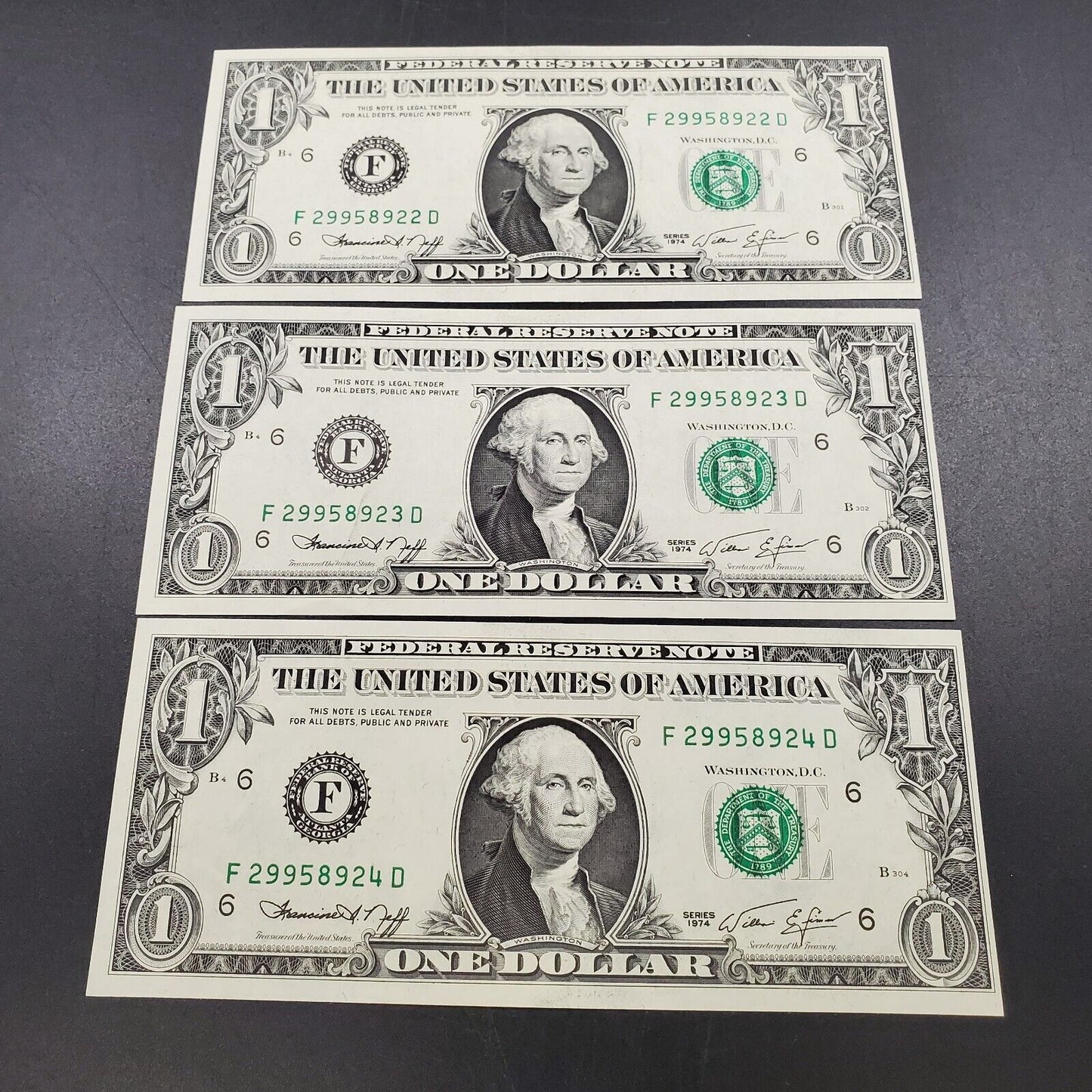 3 Consecutive 1974 $1 FRN ATLANTA UNC Note Green Seal Bill Repeat Serial #