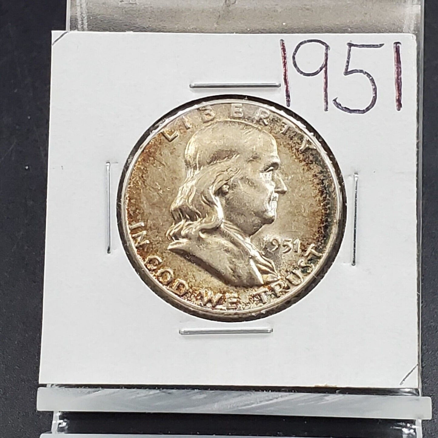 1951 P Franklin Silver 90% Half Dollar Coin AU about UNC Neat Toning Toner