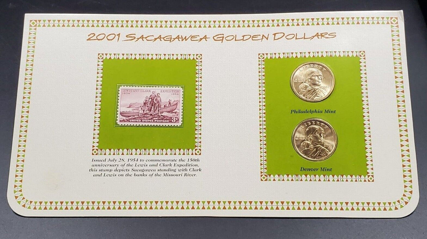 2001 P & D Sacagawea Golden Dollars & 1954 USA 3C Stamp Uncirculated Sheet