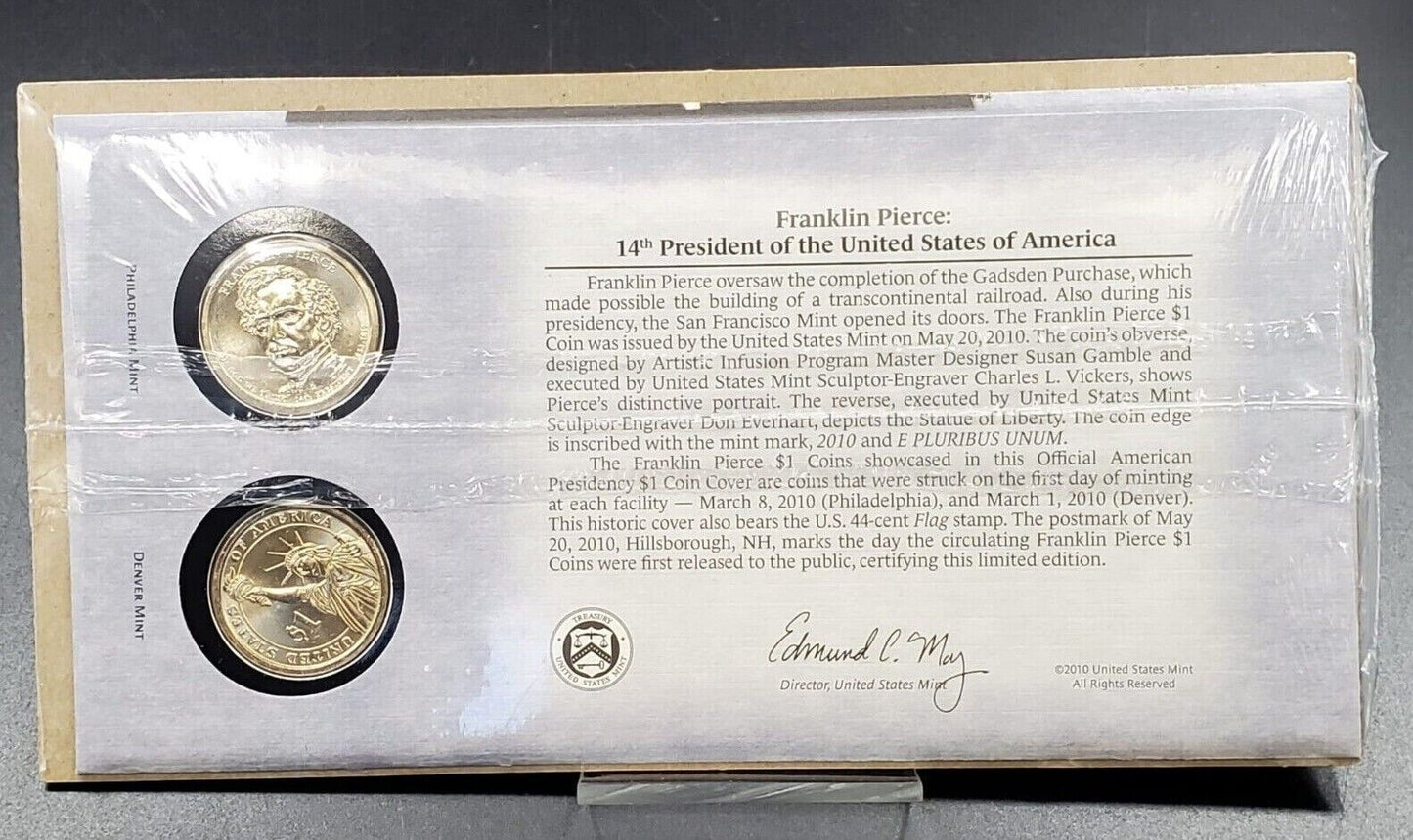 FRANKLIN PIERCE 2010 Presidential Dollar P & D 2 coins Set First Day OGP US Mint