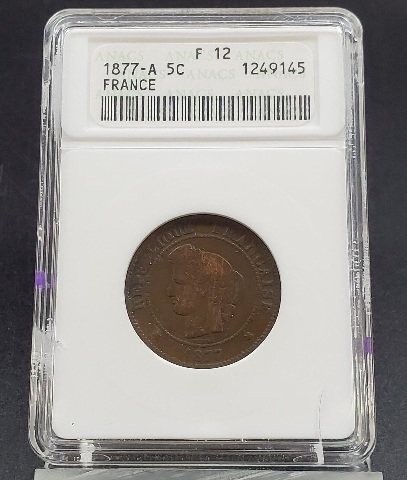 1877-A ANACS F12 France 5 Centimes Ceres Coin Fine Certified