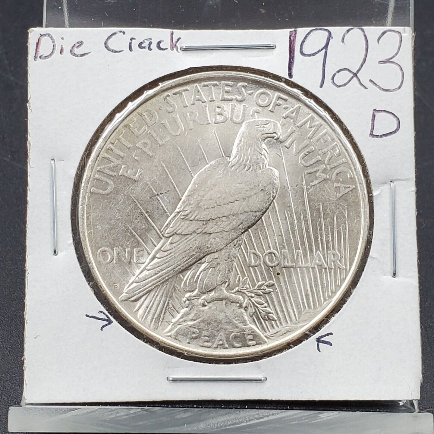 1923 D Peace $1 Dollar Coin Die Crack REV top of E of Peace VAM-1AU R-6 VAM AU