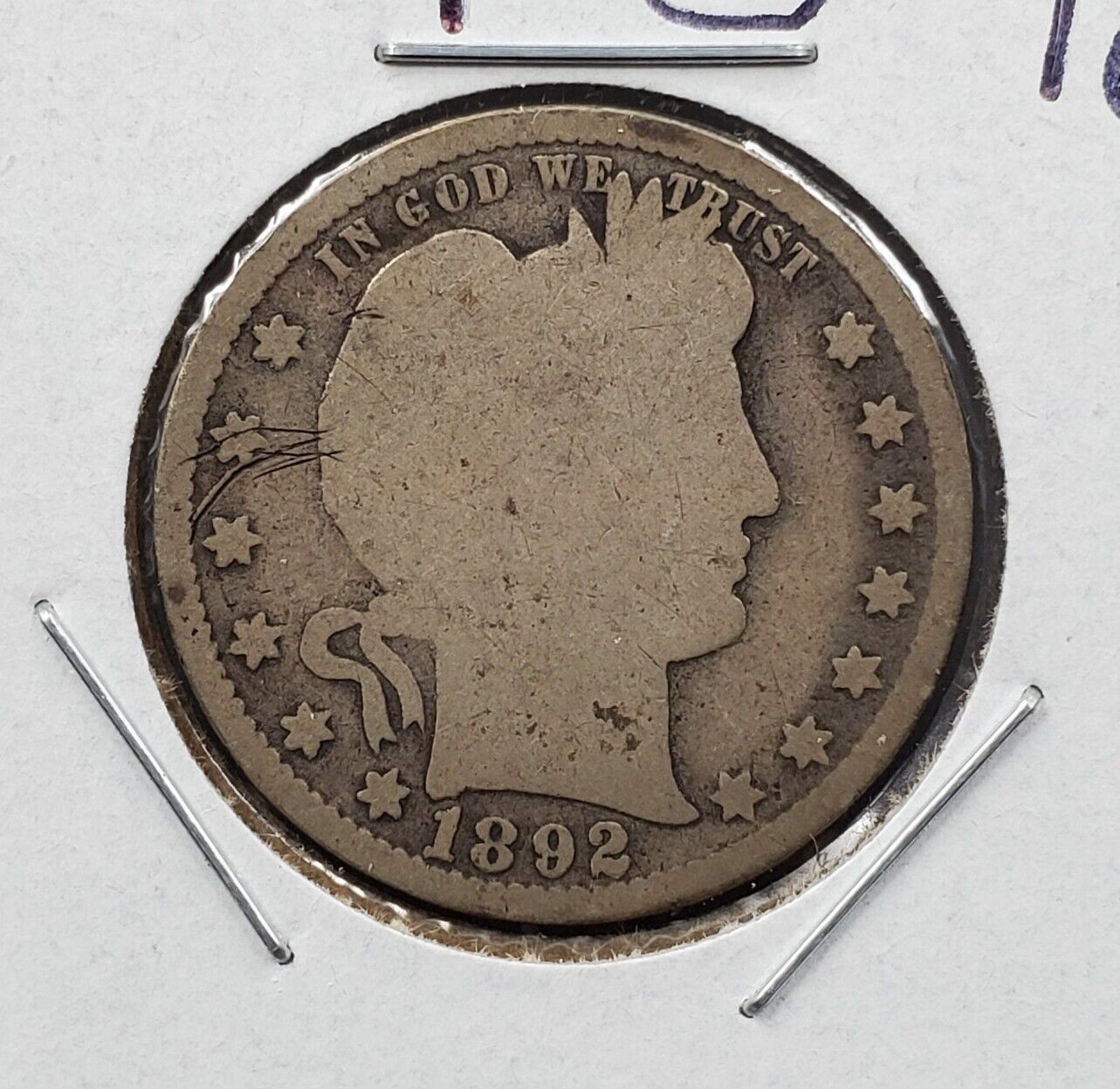 1892 P Barber Silver Quarter Coin Very Circulated Full Date Condition