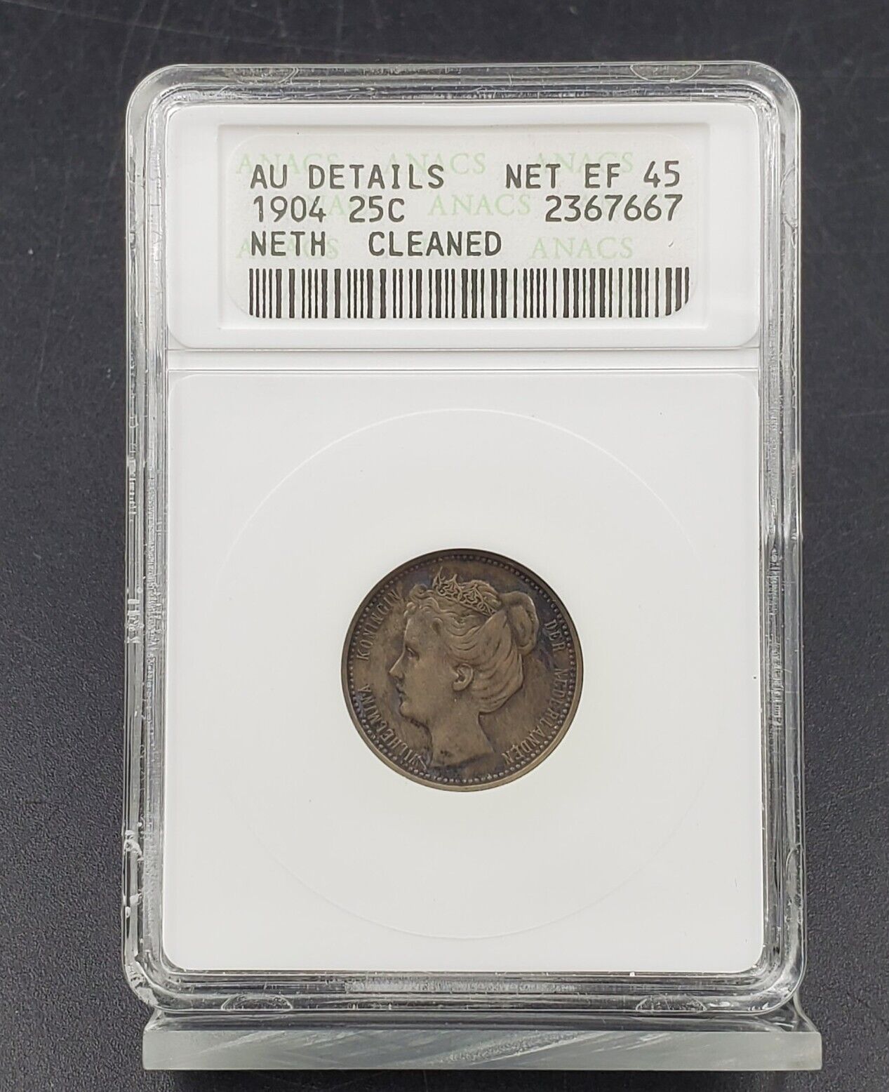 1904 Netherlands 25 Cent Silver Quarter coin ANACS Certified AU Details NET XF