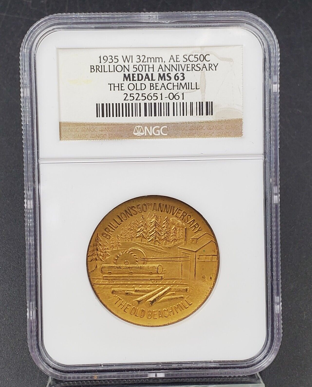1935 WI 32mm AE SC50C BRILLION 50TH ANNIVERSARY NGC Medal MS63 Old Beachmill BU