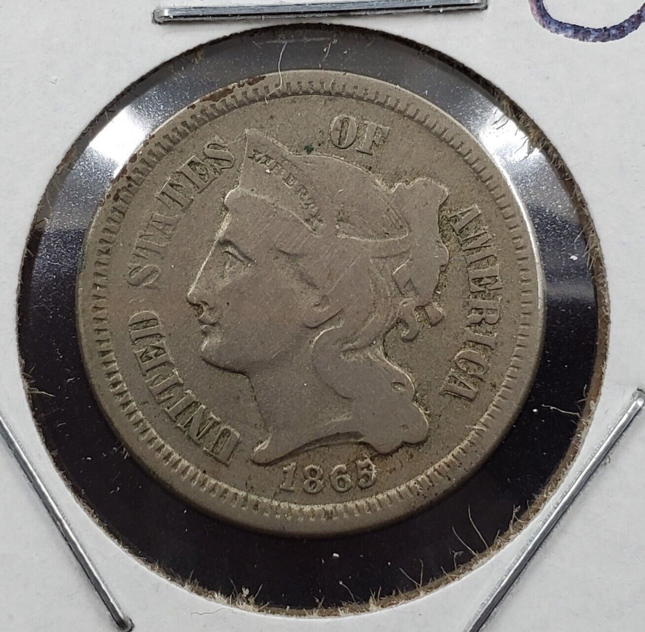 1865 3c Liberty Three Cent Nickel Coin Clashed Dies Profile of Portrait