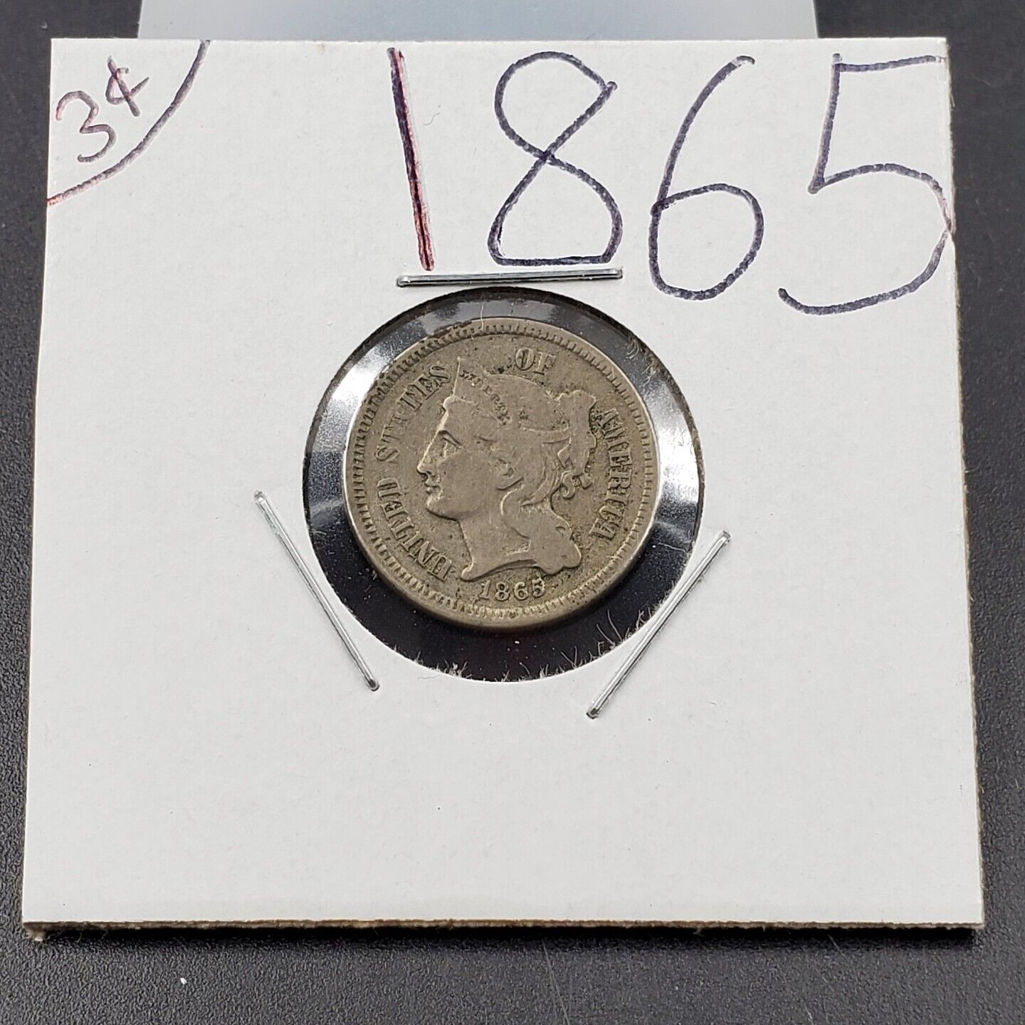 1865 3c Liberty Three Cent Nickel Coin Clashed Dies Profile of Portrait