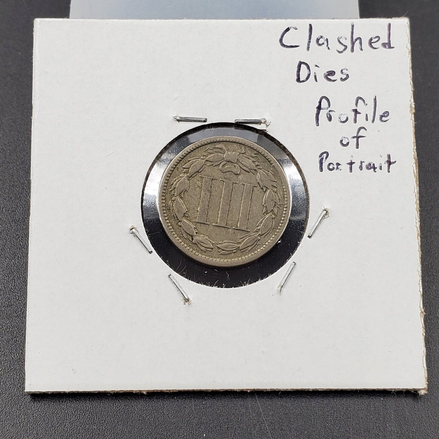 1865 3c Liberty Three Cent Nickel Coin Clashed Dies Profile of Portrait