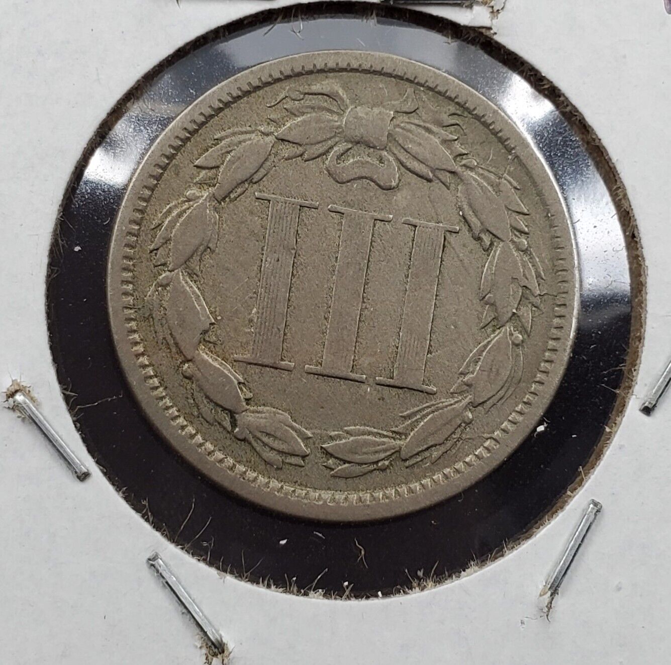 1865 3c Liberty Three Cent Nickel Coin Clashed Dies Profile of Portrait