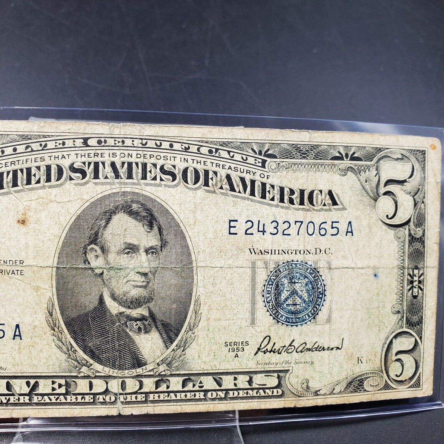 1953 A $5 Silver Certificate Blue Seal US Currency Bill Circ Very Good VG