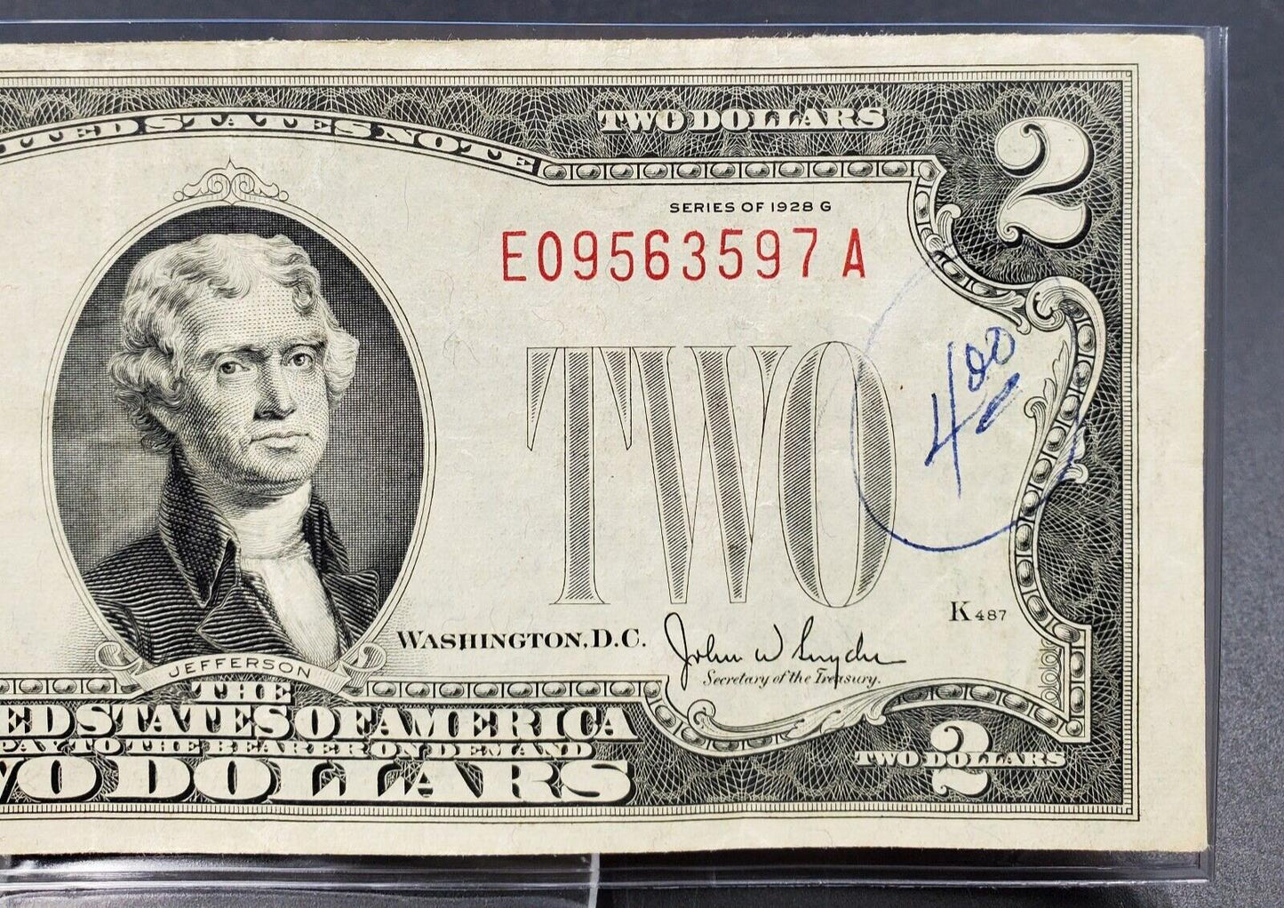 1928 $2 G Legal Tender Note Bill Red Seal Currency Mule Note VF Detail