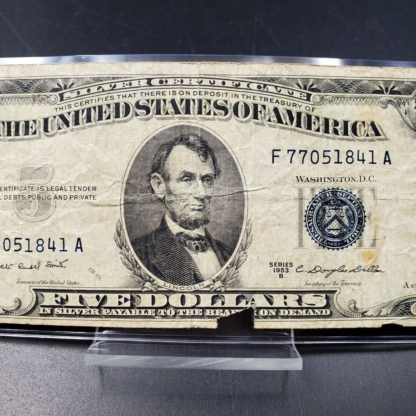 1953 B $5 Silver Certificate Blue Seal US Currency Bill Circ VG Detail