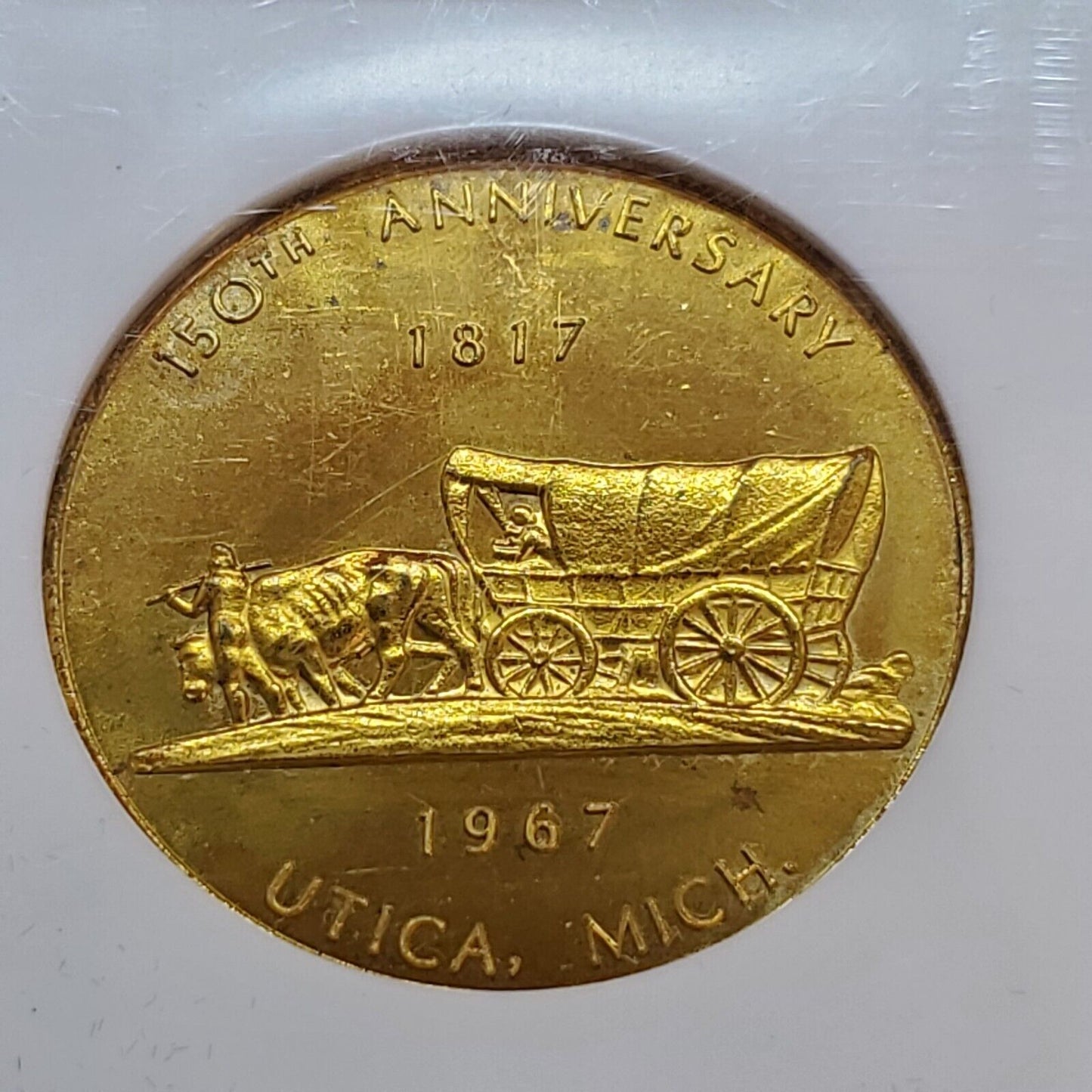 1967 MI Brass 34mm Utica Sesquicentennial NGC Token MS65 Gem BU Certified