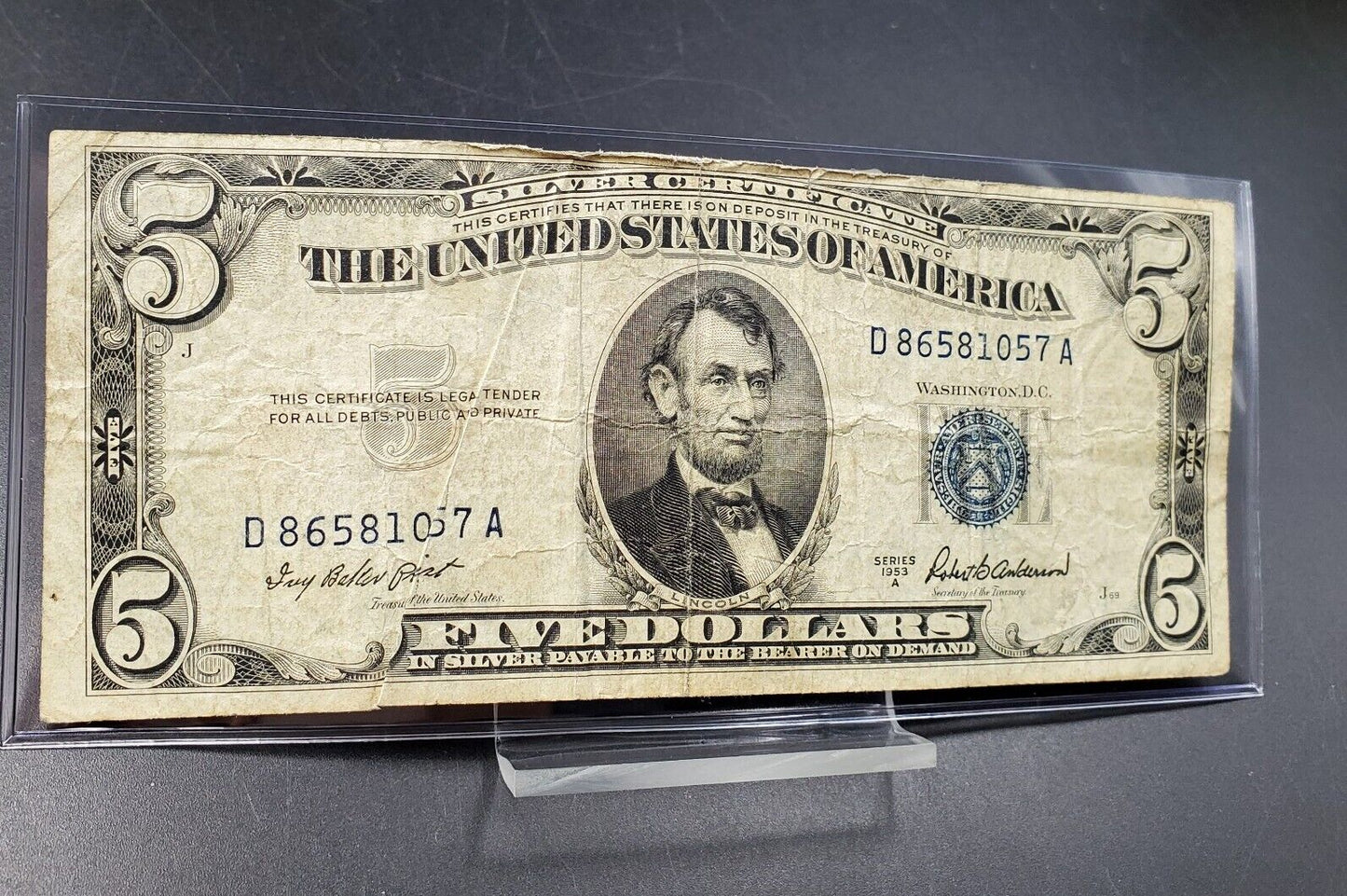 1953 A $5 Silver Certificate Blue Seal US Currency Bill Circ CH VG / FINE