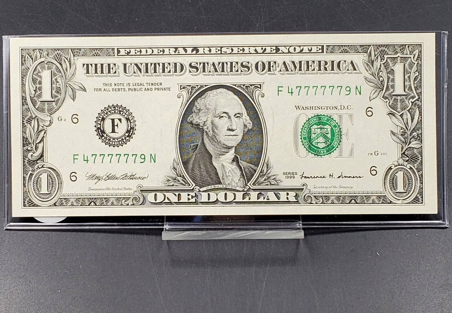1999 $1 FRN Federal Reserve Note UNCIRCULATED Sextuple Repeat Serial # 777777