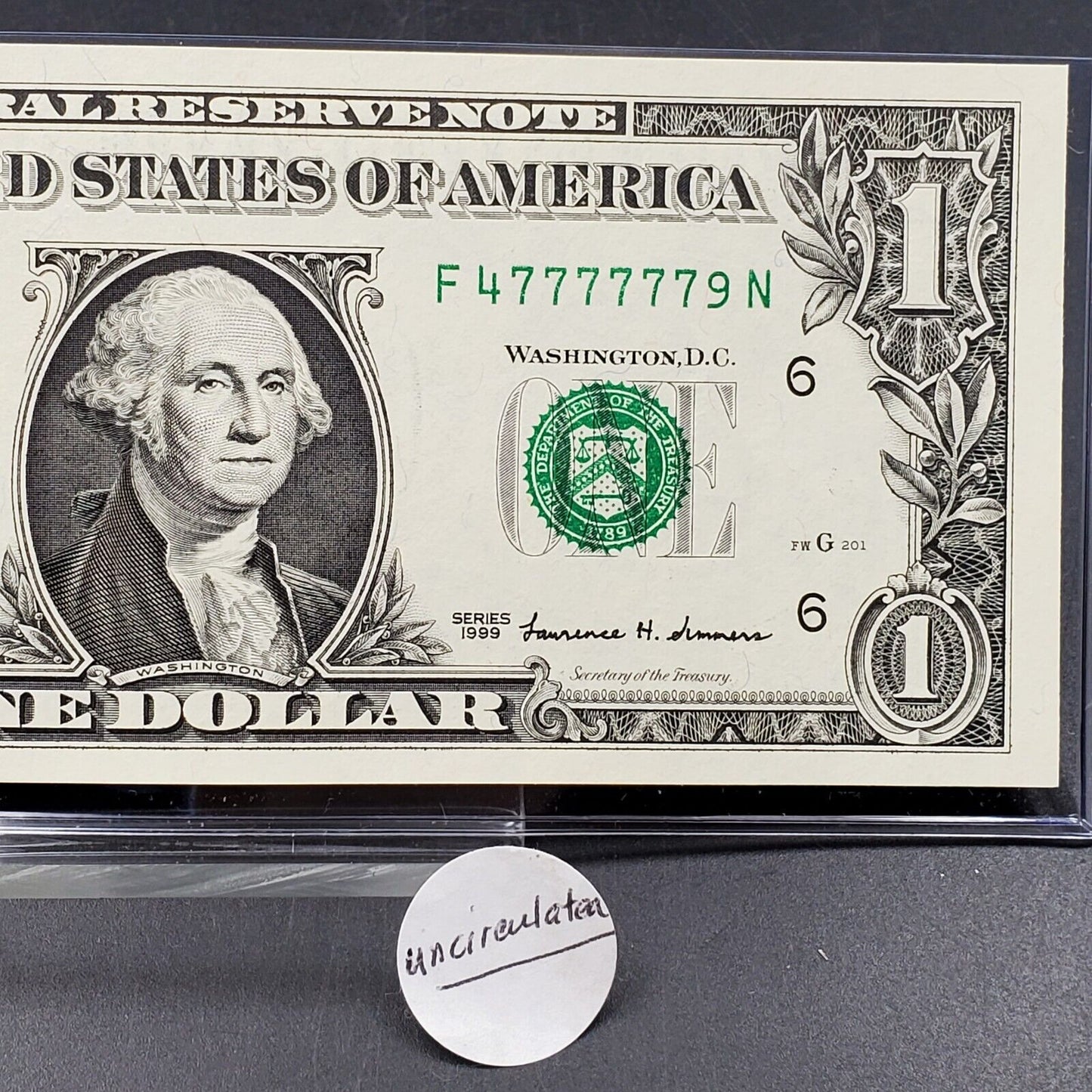 1999 $1 FRN Federal Reserve Note UNCIRCULATED Sextuple Repeat Serial # 777777