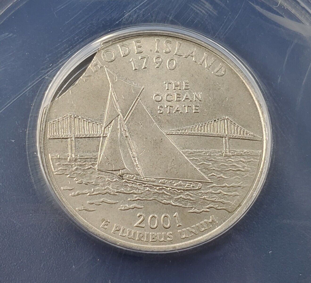 2001 P 25c RHODE ISLAND Quarter ANACS AU55 CURVED CLIP Weight 5.43 Grams Error