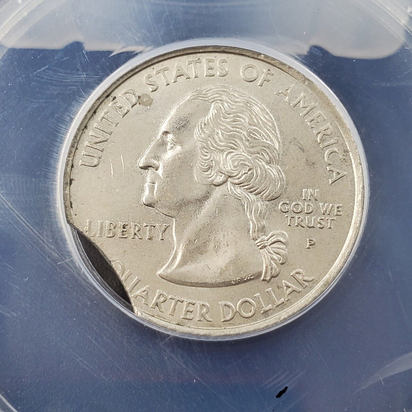 2001 P 25c RHODE ISLAND Quarter ANACS AU55 CURVED CLIP Weight 5.43 Grams Error