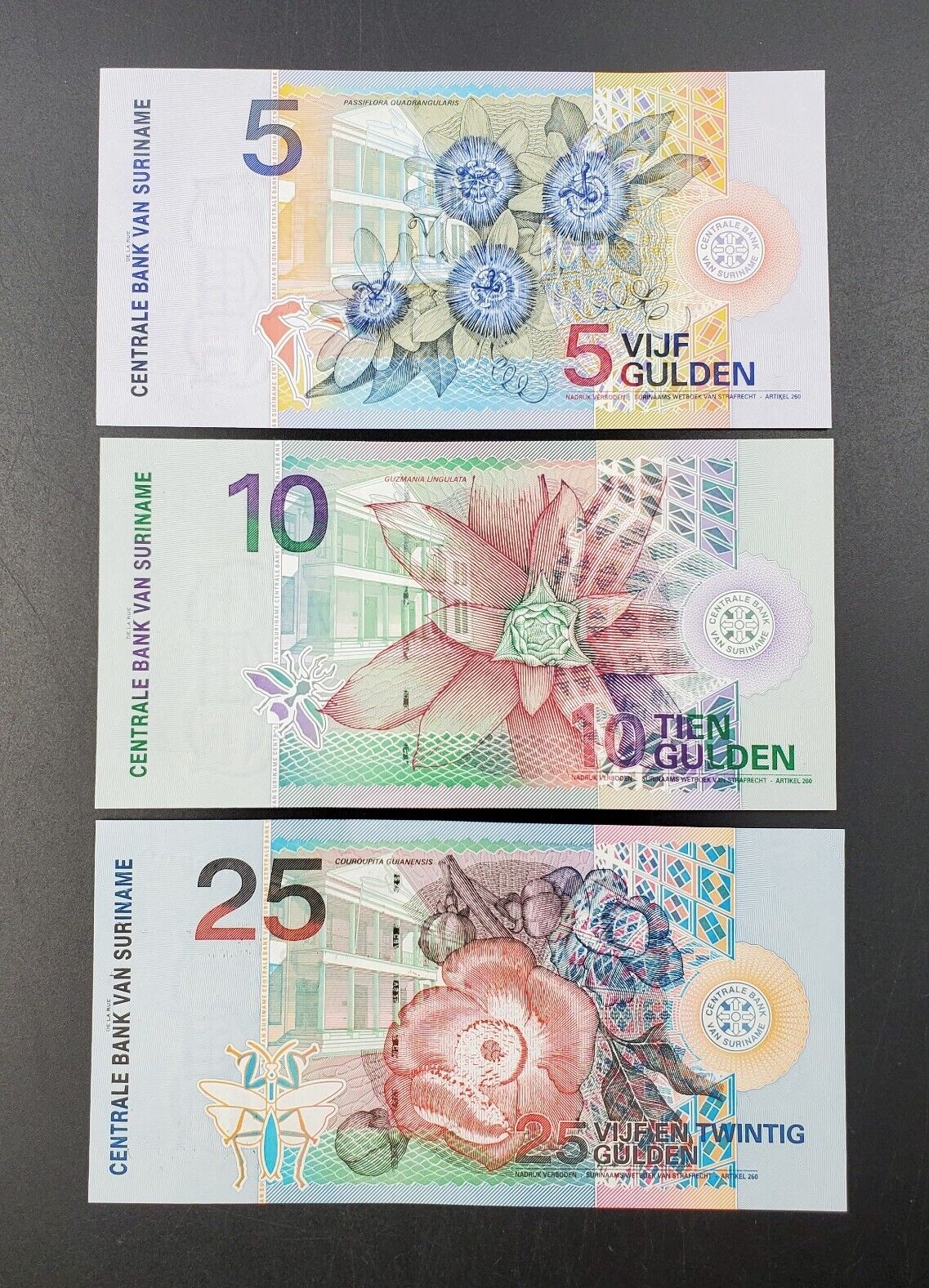 2000 SURINAME Set of 3 Bank Notes 5 10 & 25 Gulden UNCIRCULATED Tropical Birds