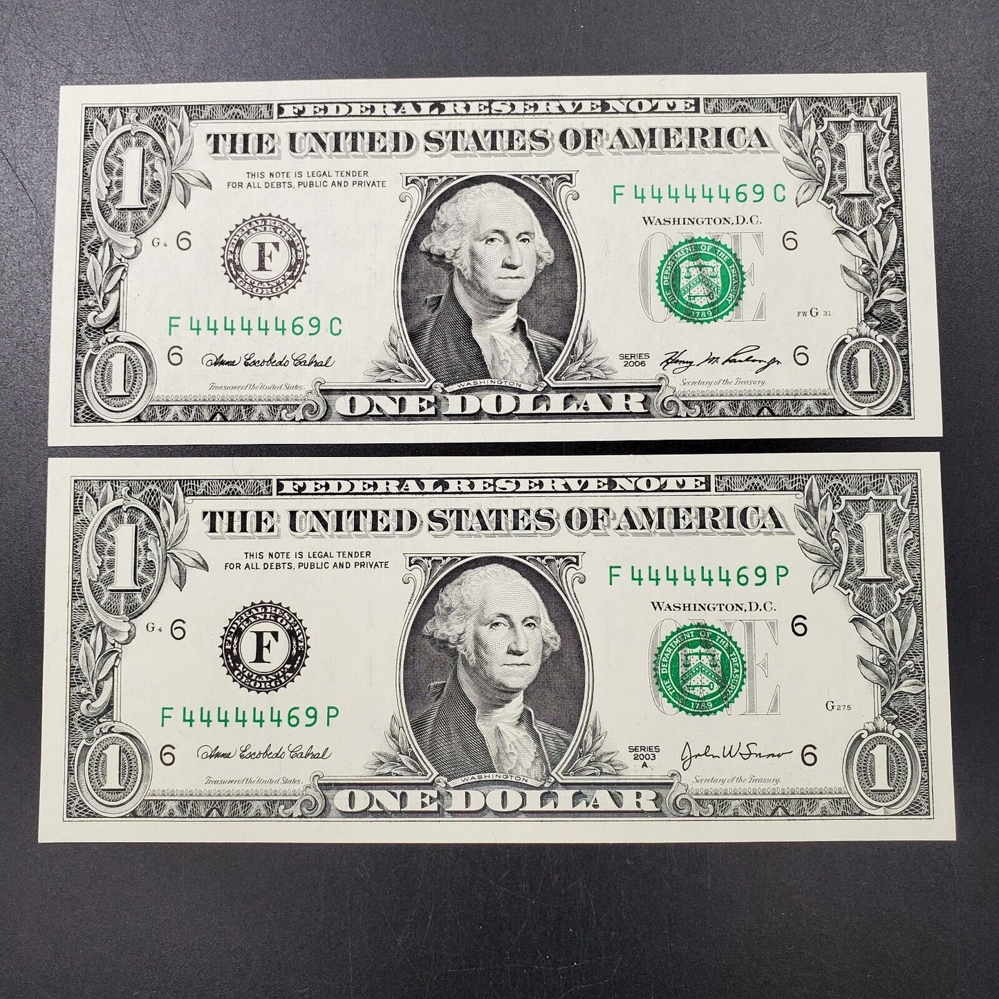 Matched Pair of Exact Same Serial # Number CH UNC 2003 A & 2006 $1 FRN Currency
