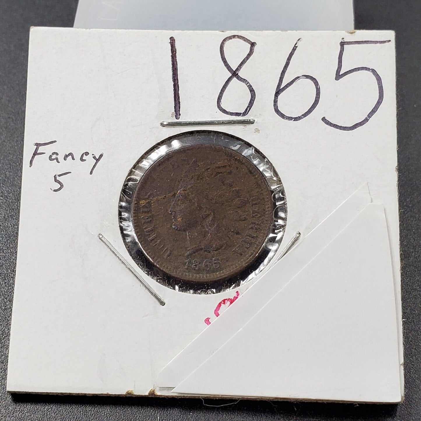 1865 Indian Head Liberty Wheat Cent Penny Coin Fancy 5 VF Details Damaged