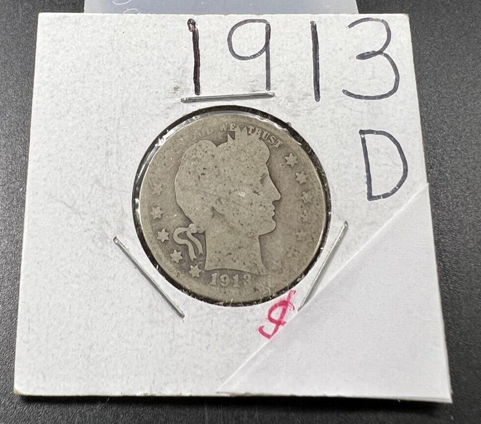 1913 D Barber Silver Quarter Coin AG About Good Circ Semi key date