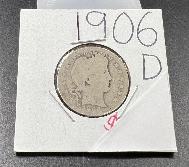 1906 D Barber Silver Quarter Coin AG About Good