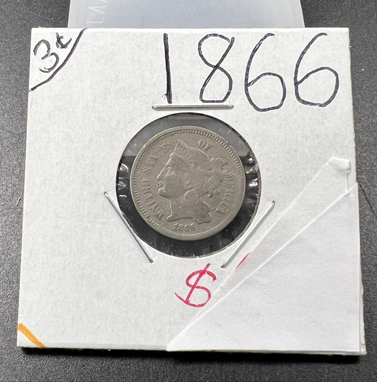 1866 3c Liberty Three Cent Nickel Coin Choice VG Very Good / Fine Circ